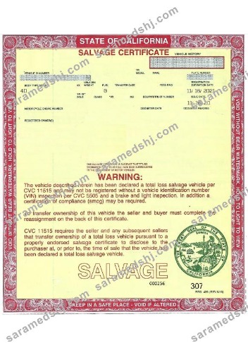 USA California salvage certificate of a vehicle